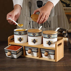 Elegant Blue & White Bamboo Spice Jar and Rack Set – 6 Jars