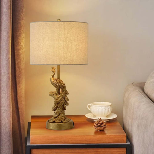 Elegant Gold Peacock Table Lamp with Linen Shade - Mid-Century Modern Design