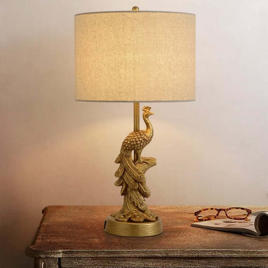 Elegant Gold Peacock Table Lamp with Linen Shade - Mid-Century Modern Design Main Product Image