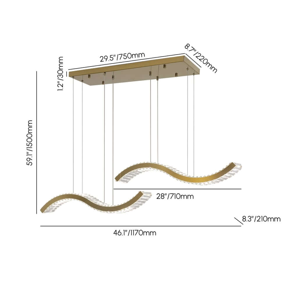 Elegant Modern Gold Stainless Steel 2-Light Adjustable Pendant Ceiling Light Dimensions