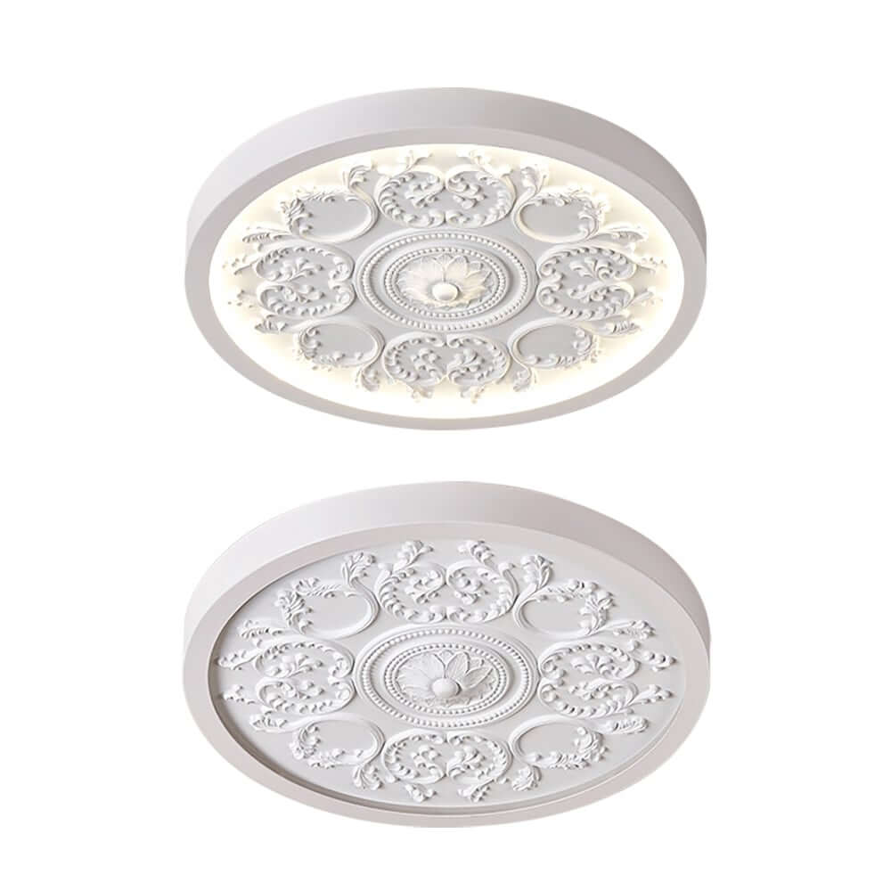 Elegant Round Flush Mount Ceiling Light with 3D French Carving in White