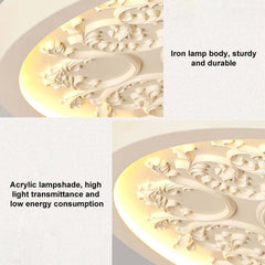 Elegant Round Flush Mount Ceiling Light with 3D French Carving in White