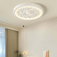 Elegant Round Flush Mount Ceiling Light with 3D French Carving in White