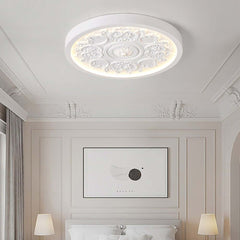 Elegant Round Flush Mount Ceiling Light with 3D French Carving in White