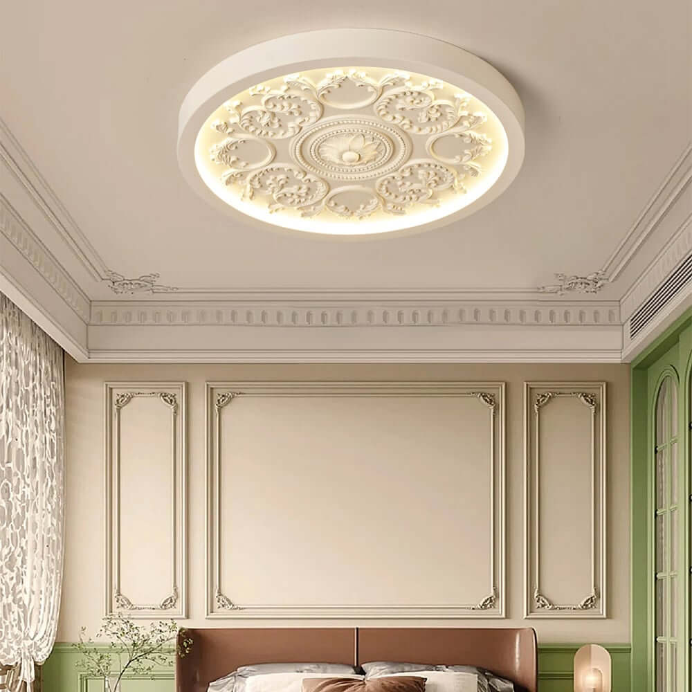 Elegant Round Flush Mount Ceiling Light with 3D French Carving in White