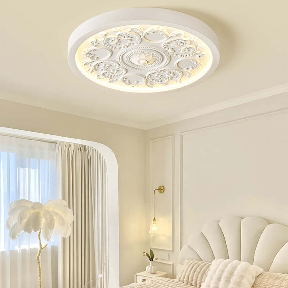Elegant Round Flush Mount Ceiling Light with 3D French Carving in White
