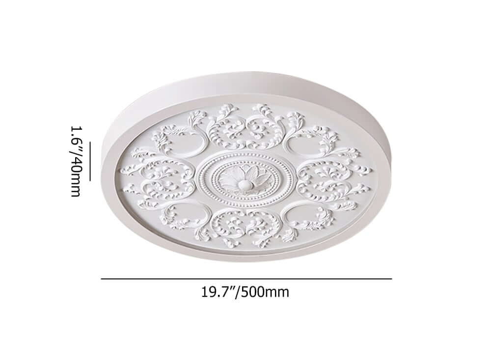Elegant Round Flush Mount Ceiling Light with 3D French Carving in White Dimensions