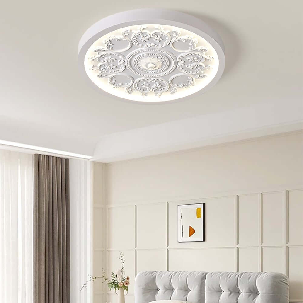 Elegant Round Flush Mount Ceiling Light with 3D French Carving in White Main Product Image
