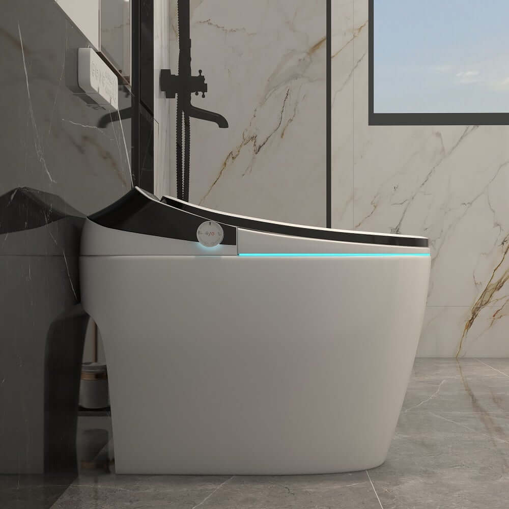Elongated White & Black Tankless Bidet Toilet with Smart Features