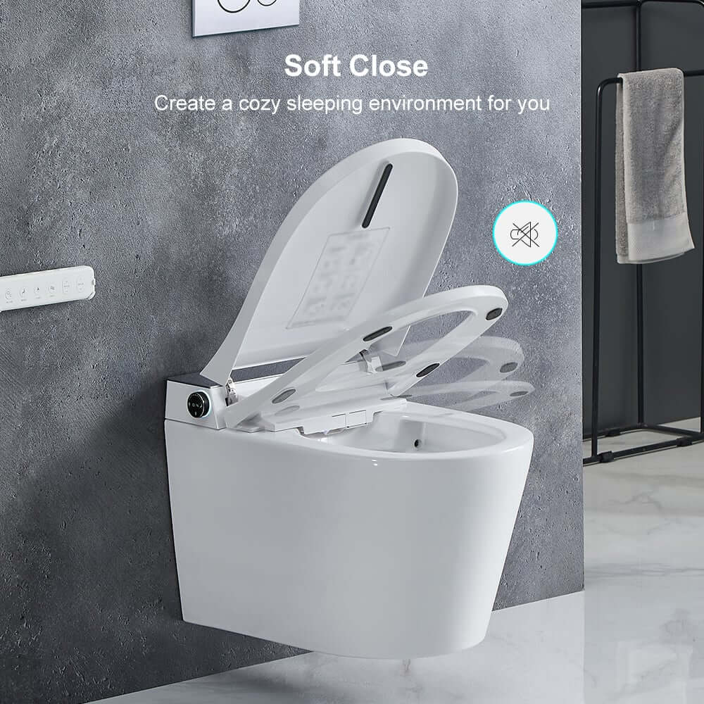 Elongated White Wall-Mounted Bidet Toilet with Heated Seat and Dual Flush