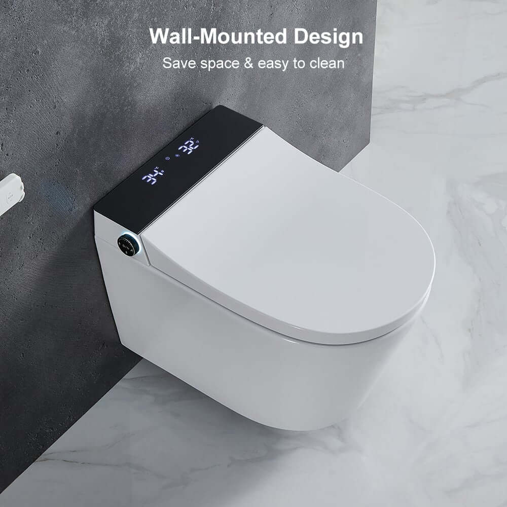 Elongated White Wall-Mounted Bidet Toilet with Heated Seat and Dual Flush
