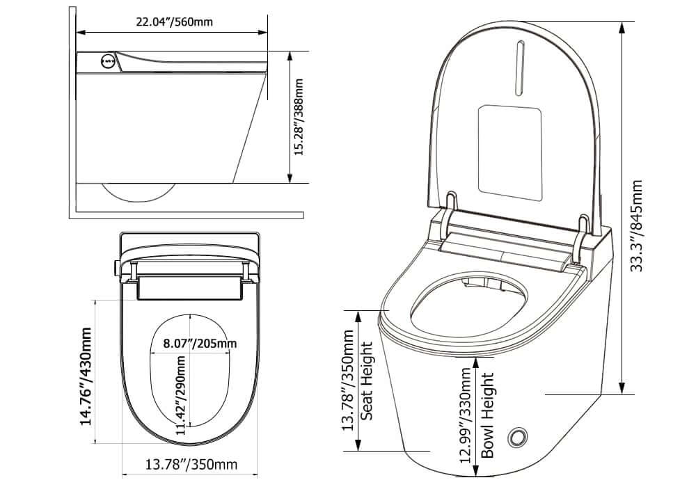 Elongated White Wall-Mounted Bidet Toilet with Heated Seat and Dual Flush Dimensions
