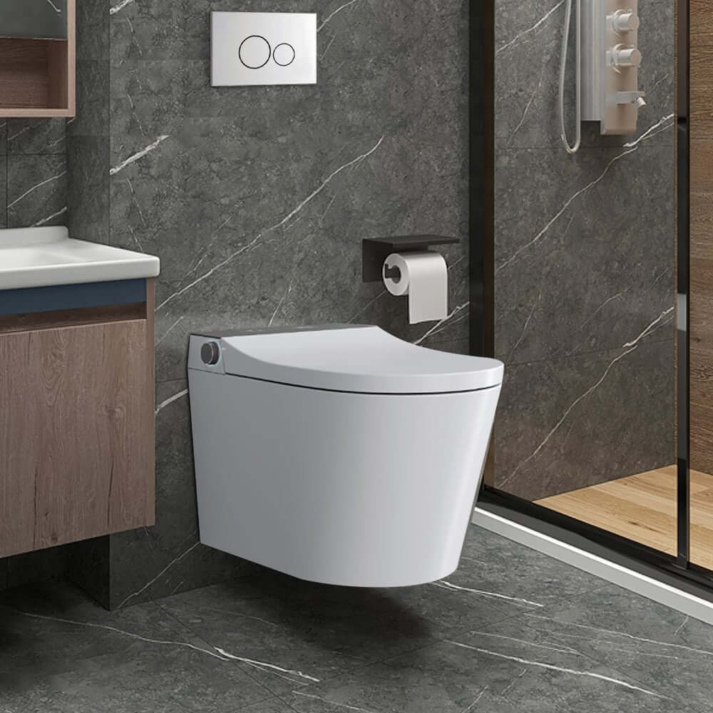 Elongated White Wall-Mounted Bidet Toilet with Heated Seat and Dual Flush Main Product Image