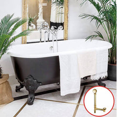 Clawfoot Bathtub in Porcelain Enameled Cast Iron with 2 Handles, Roll Top, Compression Faucet, Oval Shape, Valve & Contemporary Style, White-Gold, Tub with Wall Mounted Faucets, 72"L x 31"W x 25"H Bathtubs