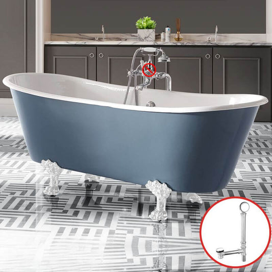 Blue-white clawfoot bathtub with porcelain enameled cast iron and roll top, oval shape for soaking therapy