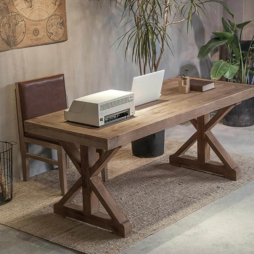 Farmhouse Pine Wood Writing Desk with Trestle Base