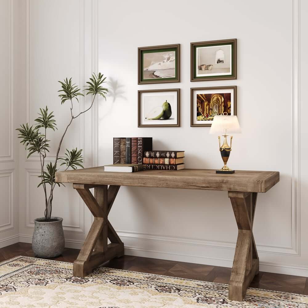 Farmhouse Pine Wood Writing Desk with Trestle Base