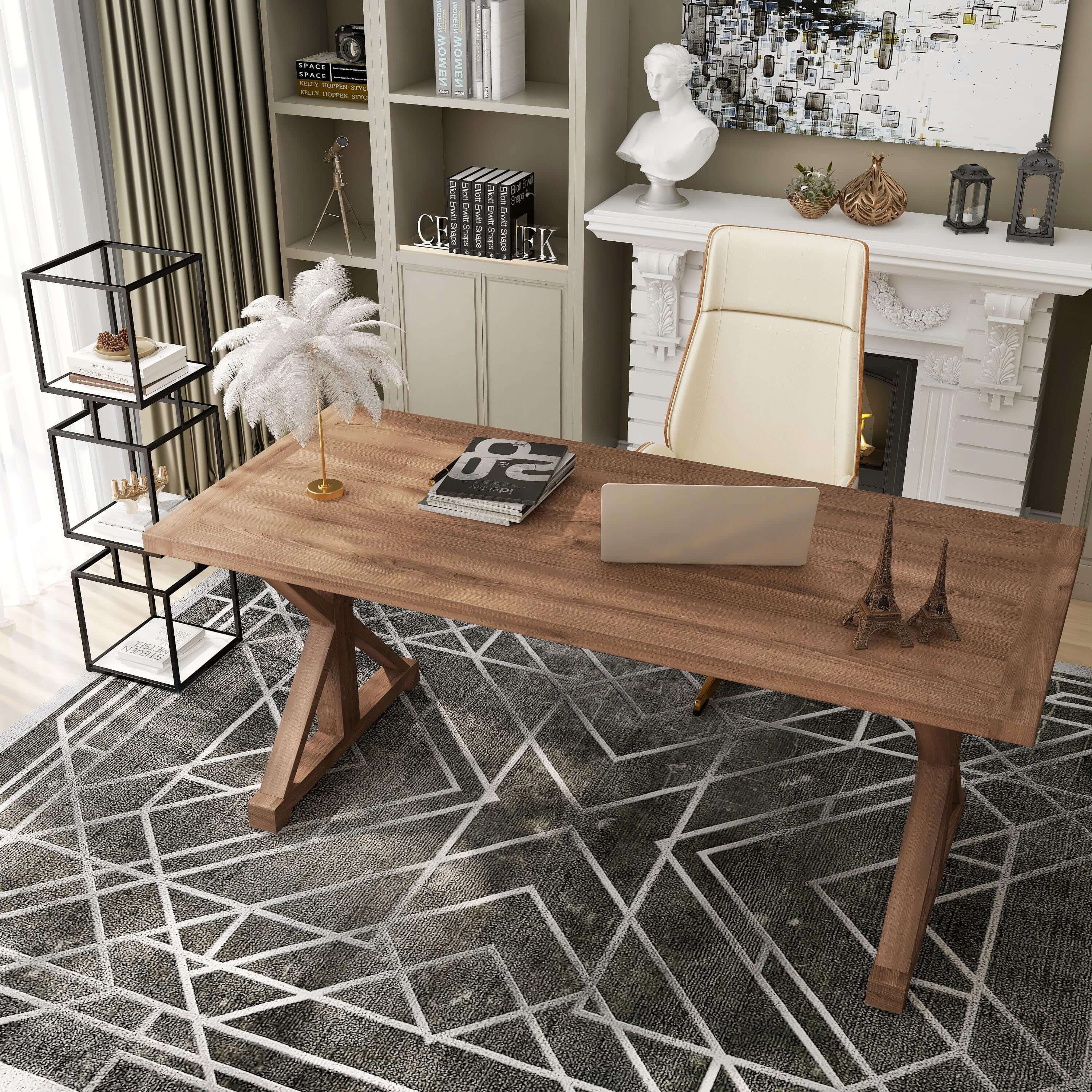 Farmhouse Pine Wood Writing Desk with Trestle Base