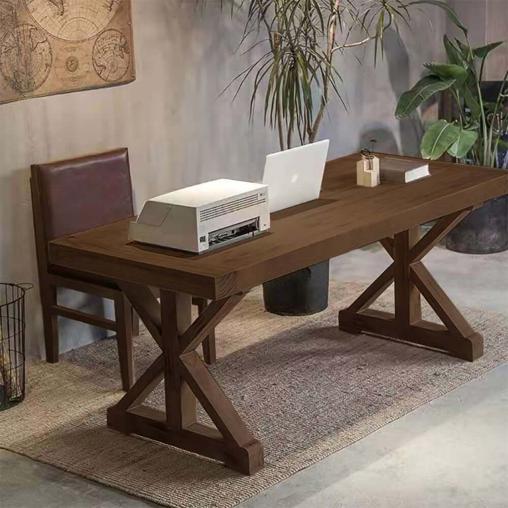 Farmhouse Pine Wood Writing Desk with Trestle Base