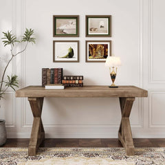 Farmhouse Pine Wood Writing Desk with Trestle Base