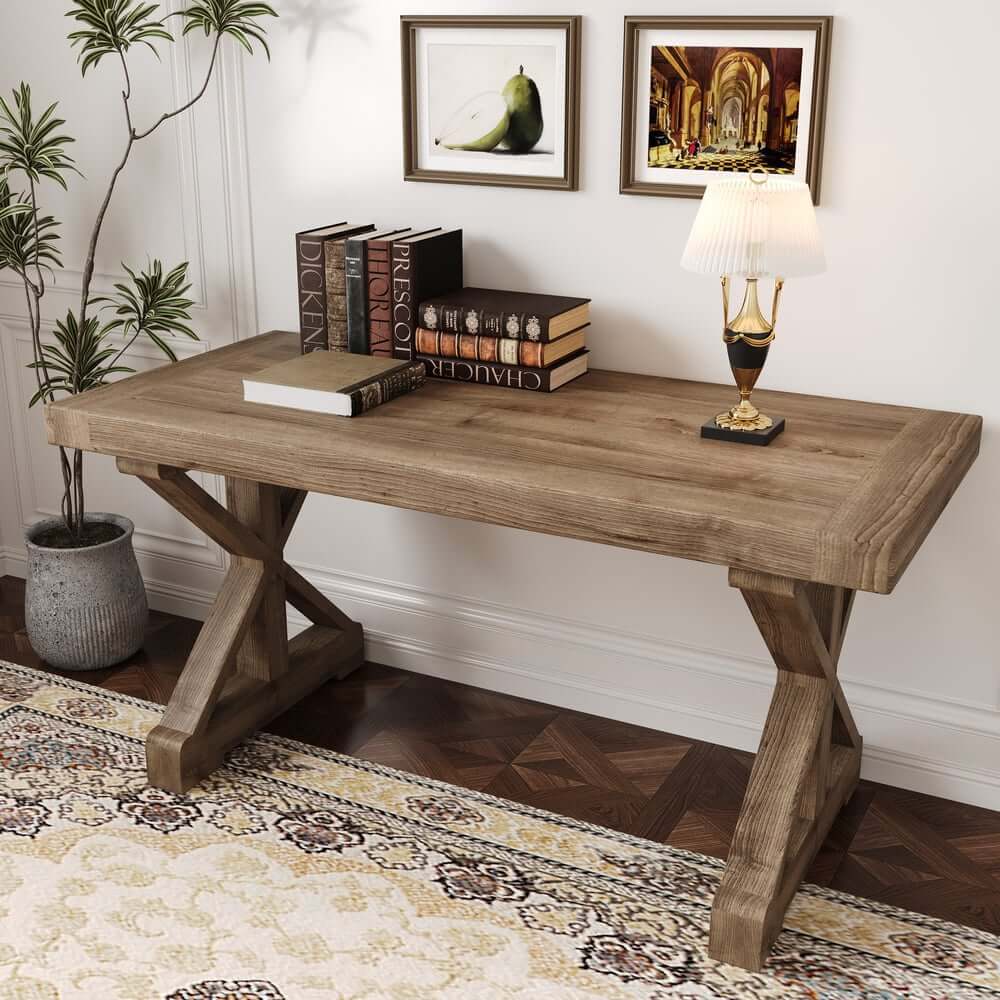 Farmhouse Pine Wood Writing Desk with Trestle Base