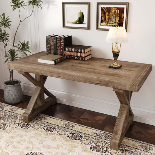 Farmhouse Pine Wood Writing Desk with Trestle Base