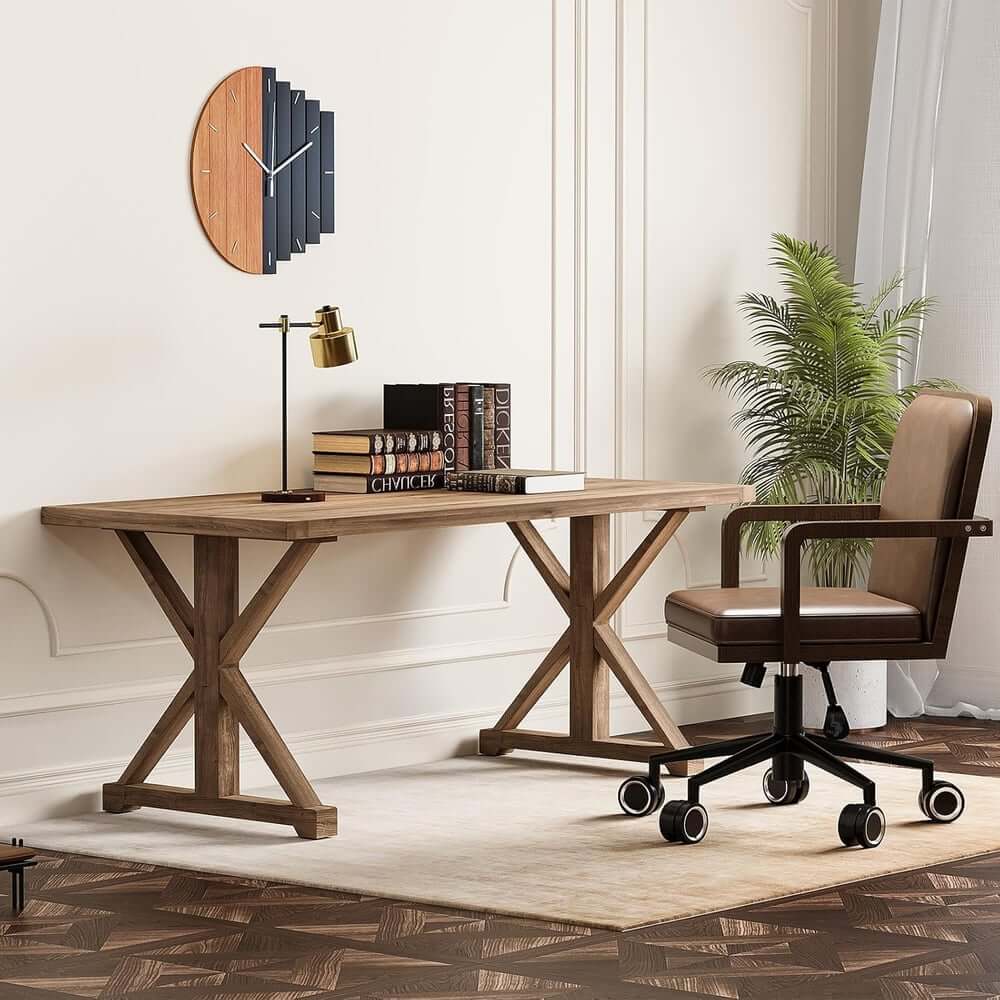 Farmhouse Pine Wood Writing Desk with Trestle Base