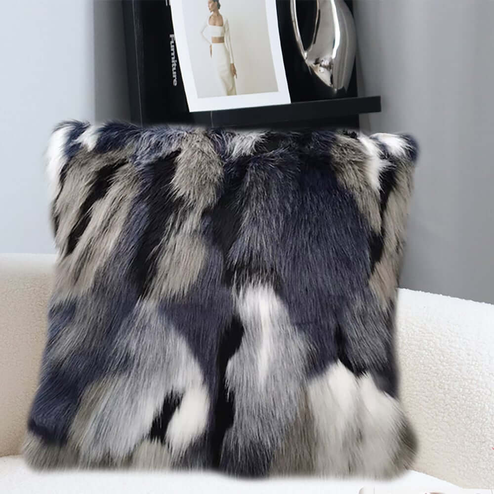 Faux Fur Throw Pillow Cover in Blue Gray Mix for Modern Home Decor