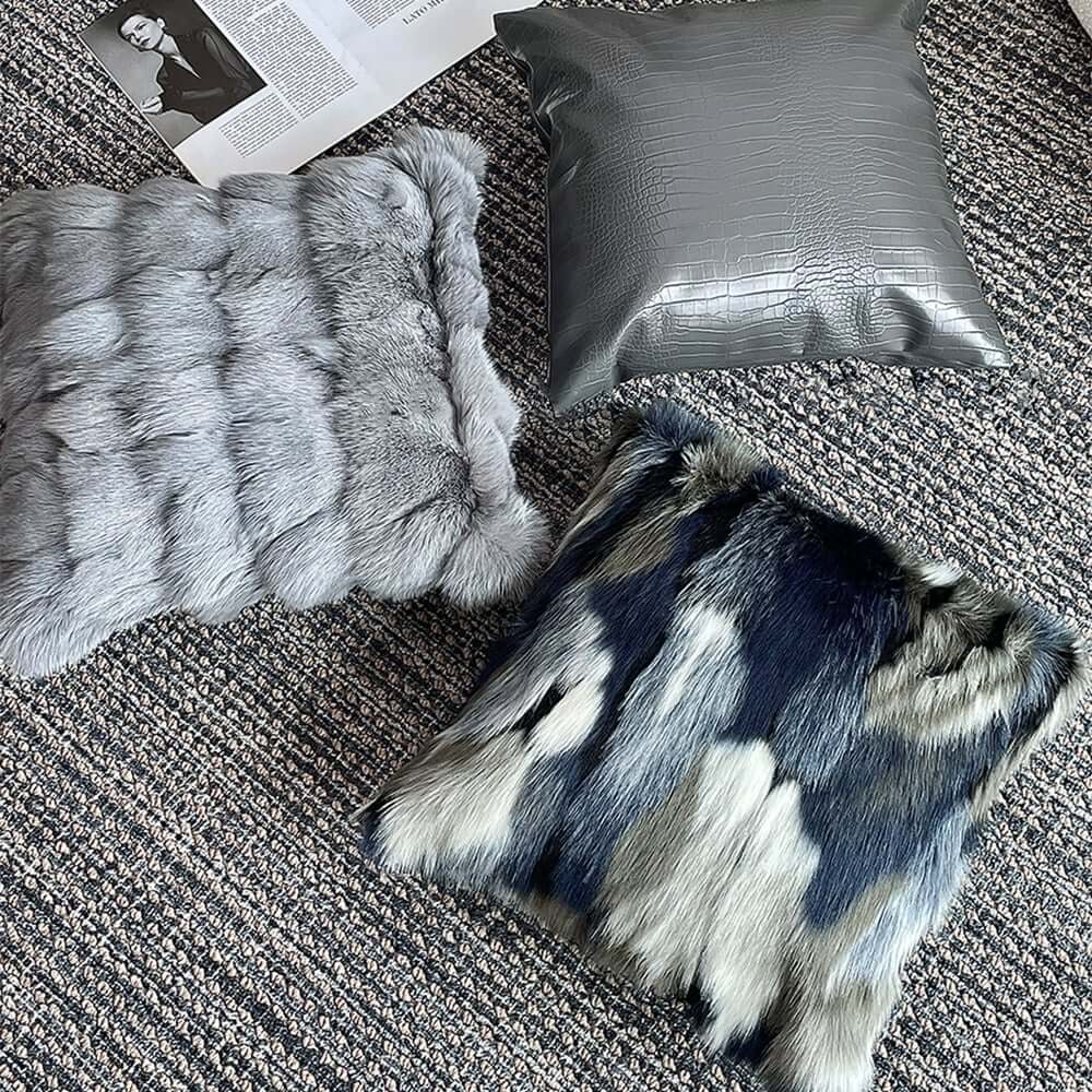 Faux Fur Throw Pillow Cover in Blue Gray Mix for Modern Home Decor