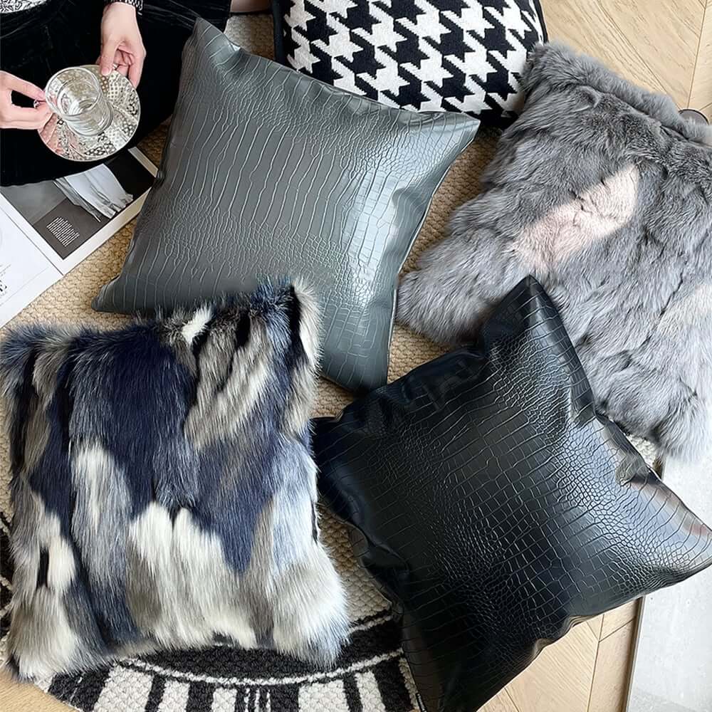 Faux Fur Throw Pillow Cover in Blue Gray Mix for Modern Home Decor