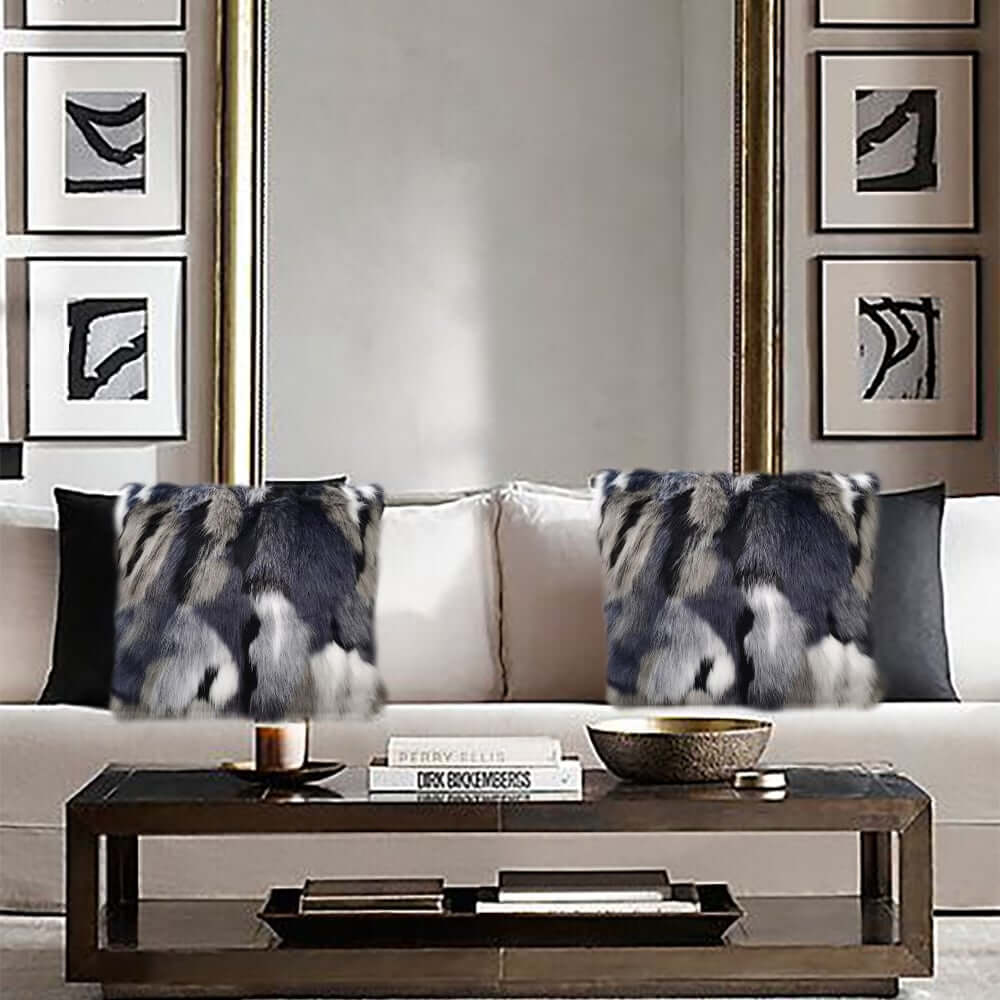 Faux Fur Throw Pillow Cover in Blue Gray Mix for Modern Home Decor