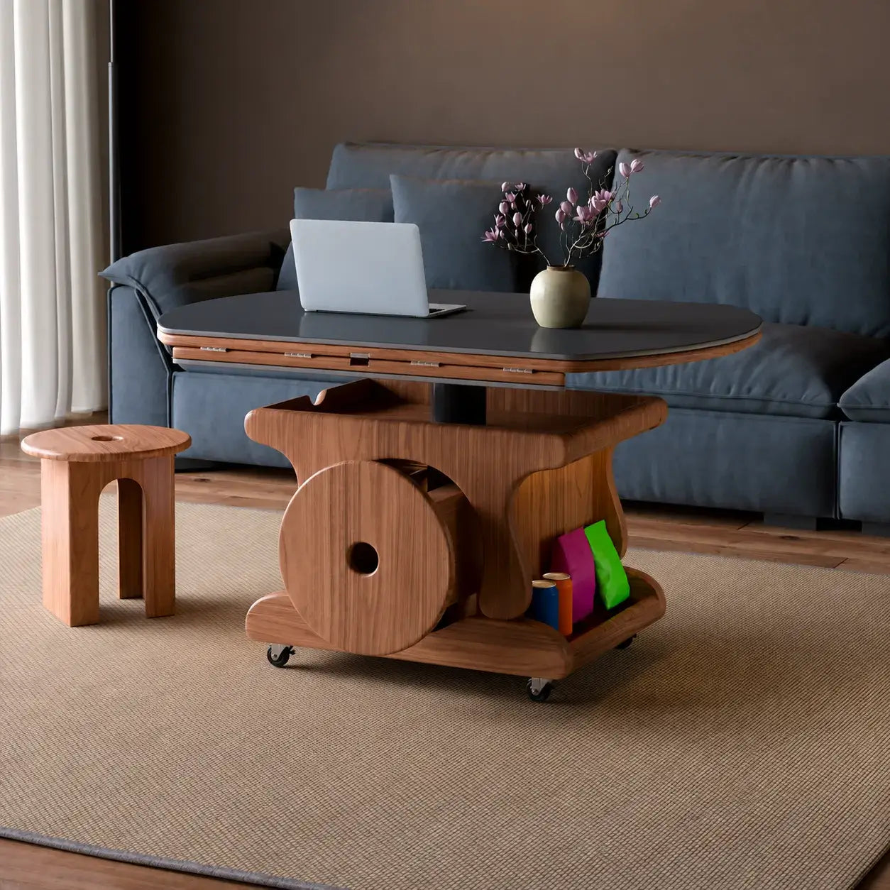 Foldable Lift Top Coffee Table With Oak Storage Base and Hidden Casters