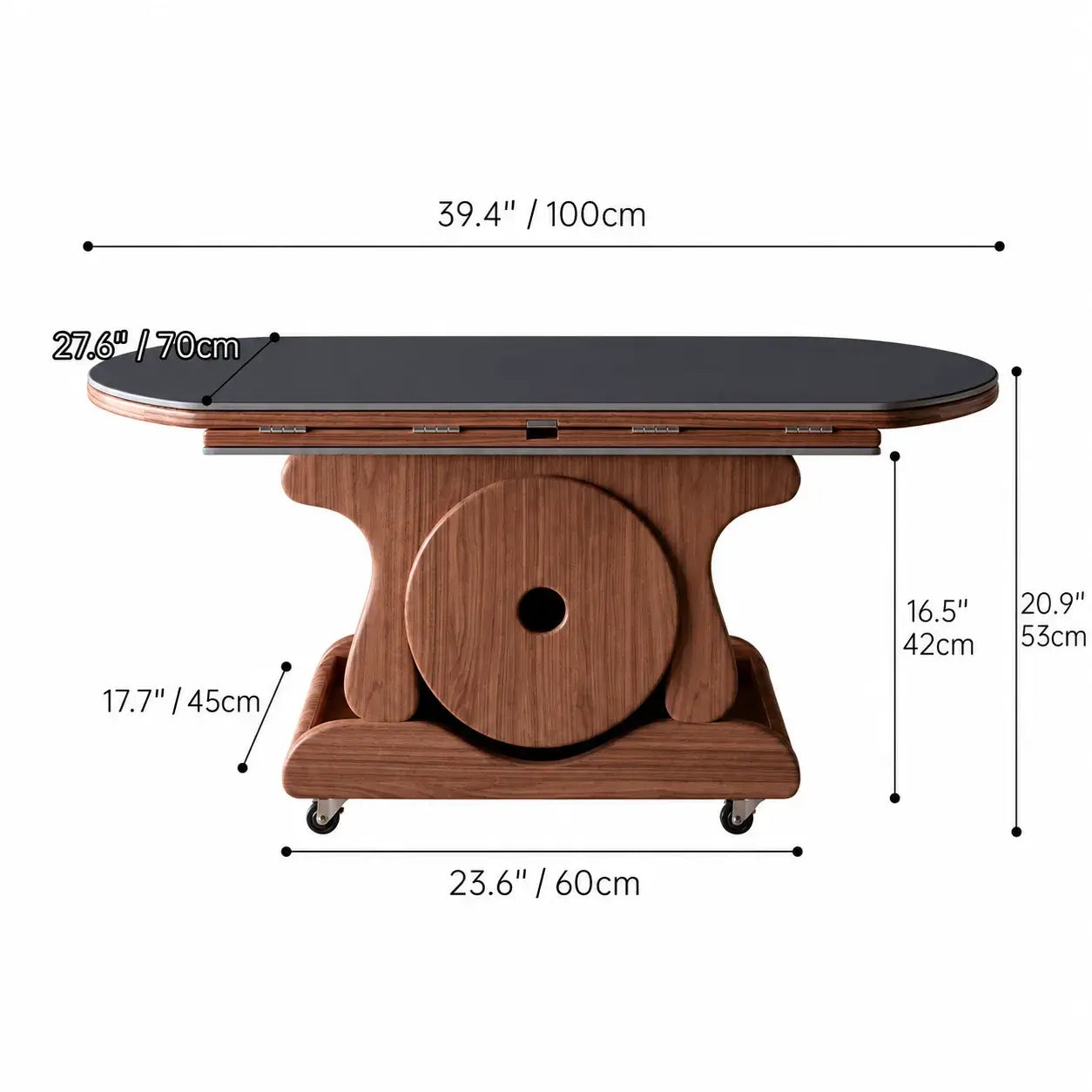 Foldable Lift Top Coffee Table With Oak Storage Base and Hidden Casters Dimensions