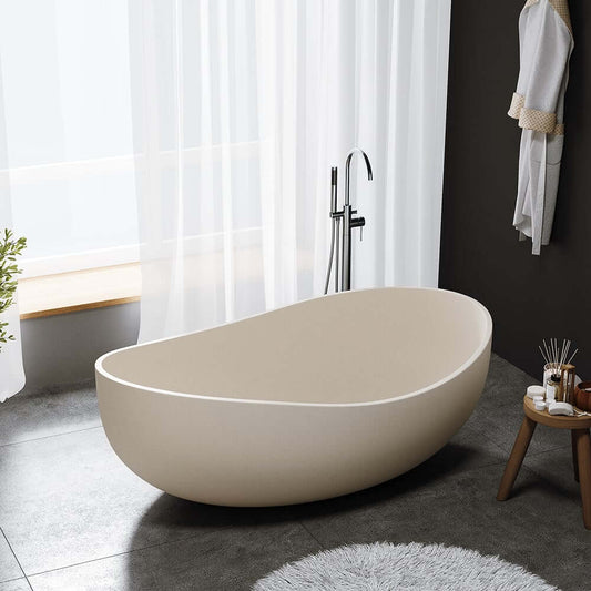 Freestanding Double Ended Cement Bathtub in Beige - Modern Oval Design