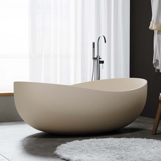 Freestanding Double Ended Cement Bathtub in Beige - Modern Oval Design Main Product Image