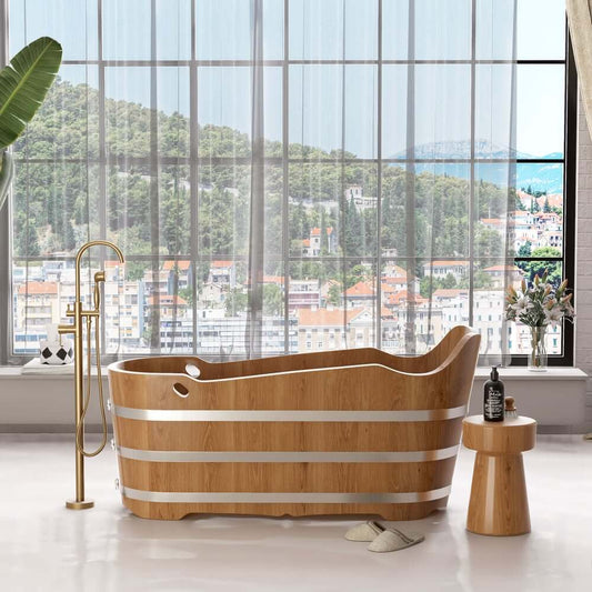 Freestanding Double Ended Oak Wood Soaking Bathtub with Integrated Seat