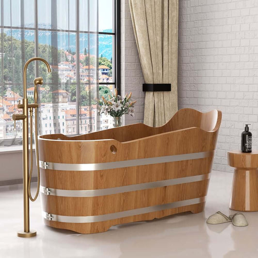 Freestanding Double Ended Oak Wood Soaking Bathtub with Integrated Seat Main Product Image