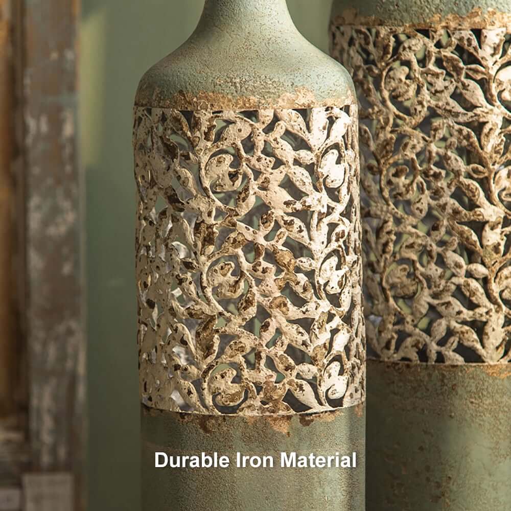 French Country Iron Vase with Hollow Scroll Design