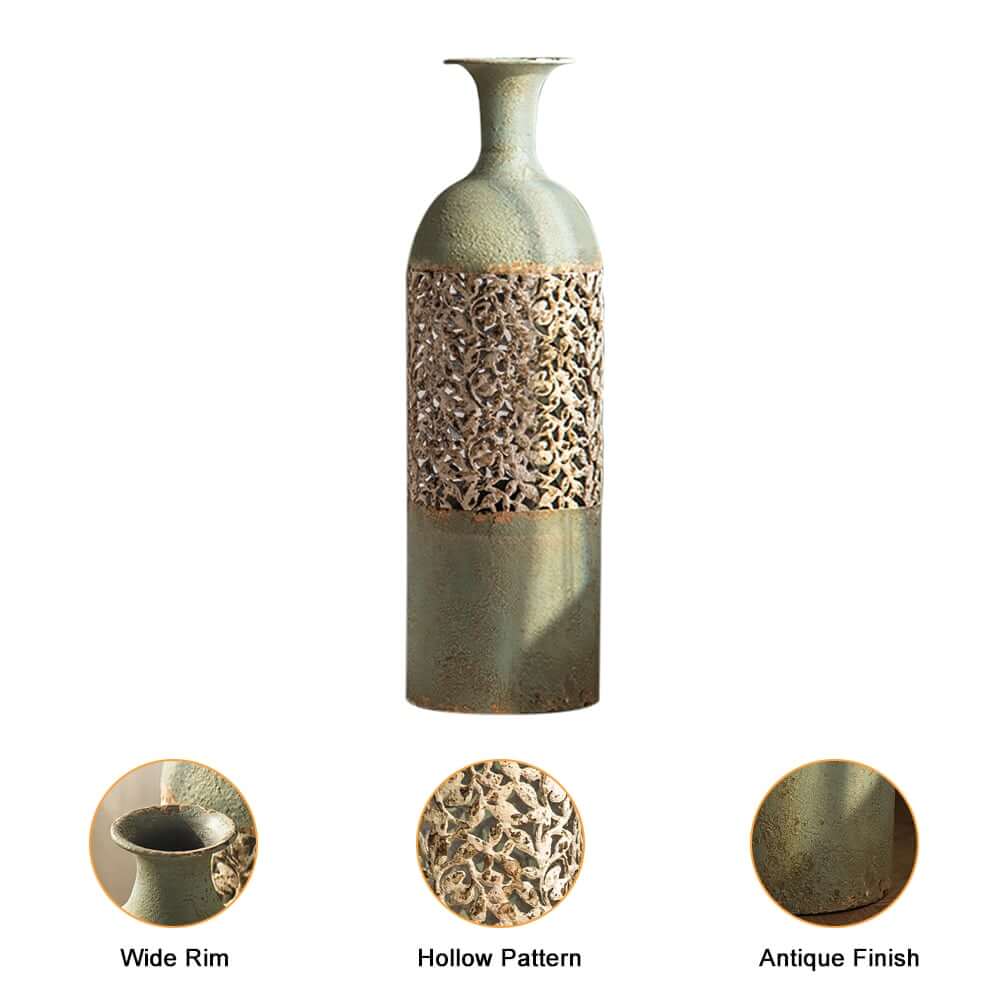 French Country Iron Vase with Hollow Scroll Design