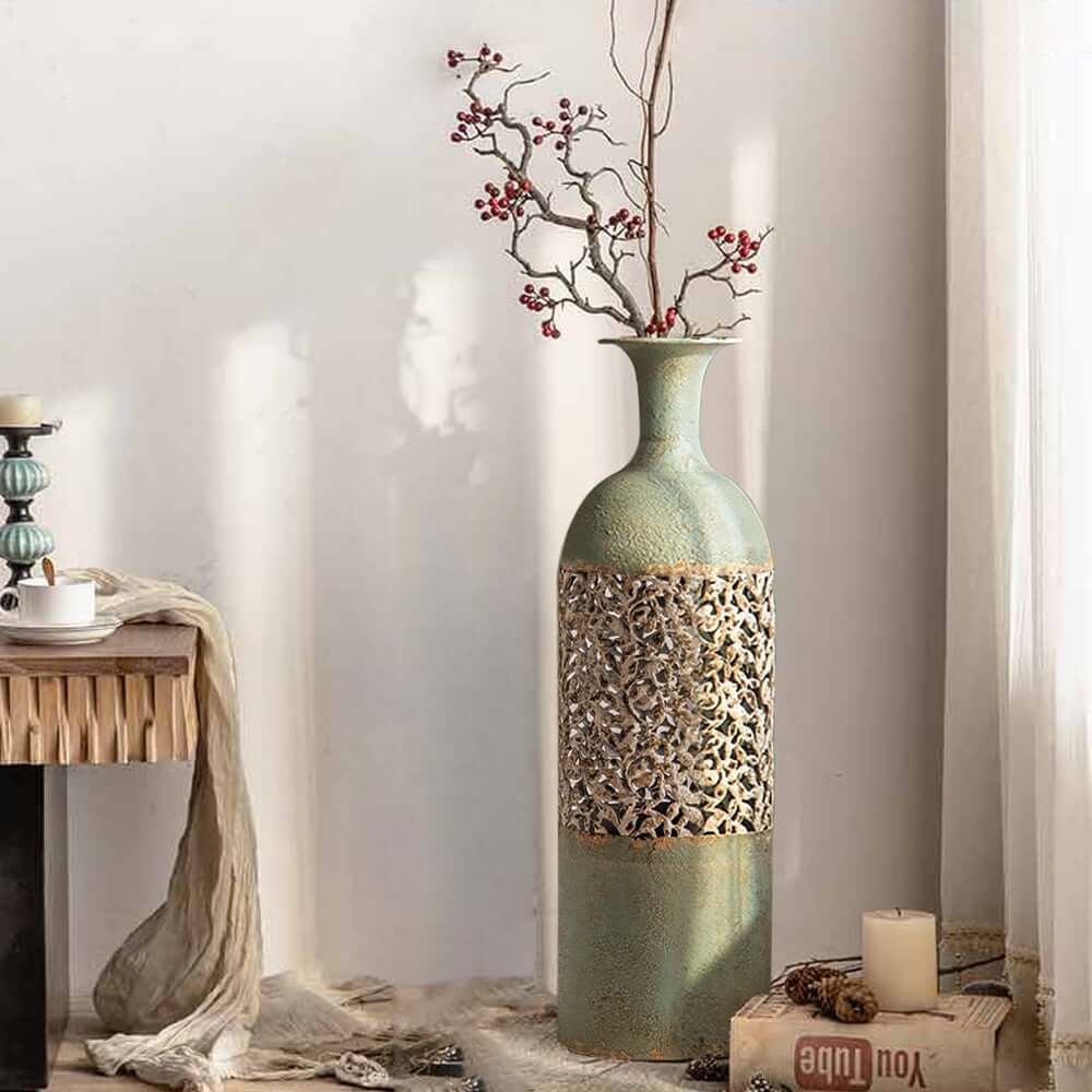 French Country Iron Vase with Hollow Scroll Design