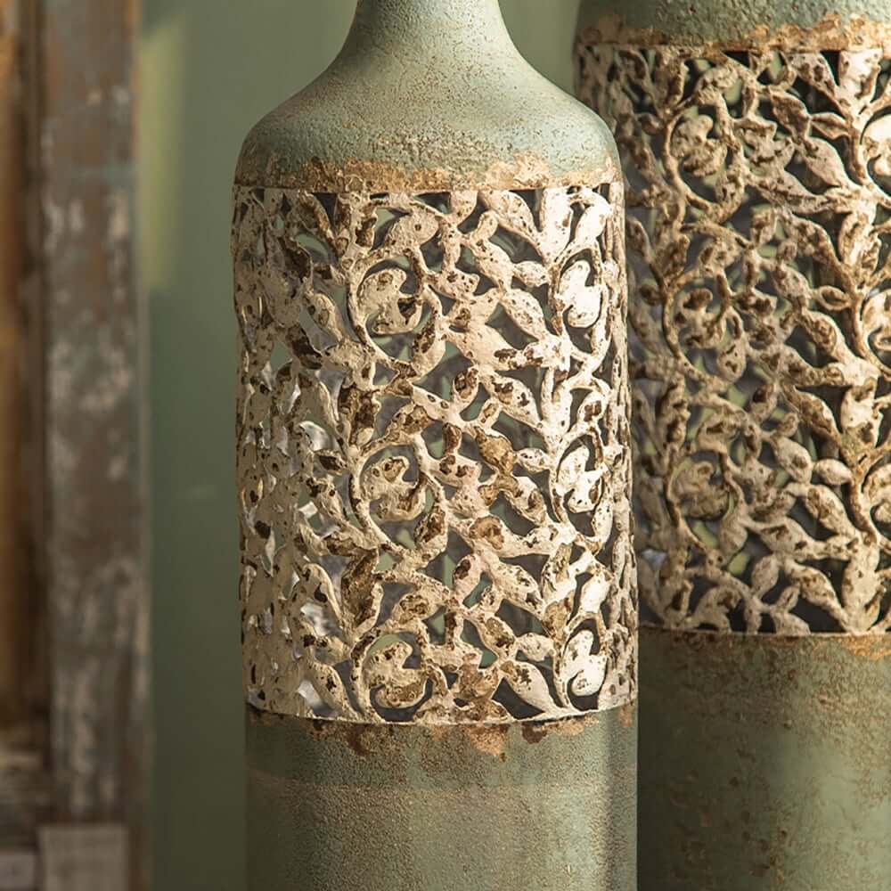 French Country Iron Vase with Hollow Scroll Design