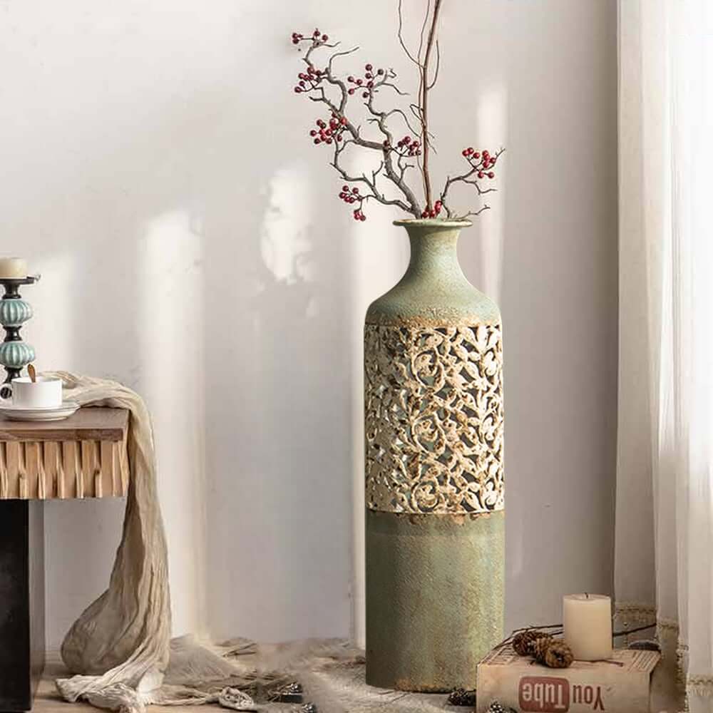 French Country Iron Vase with Hollow Scroll Design