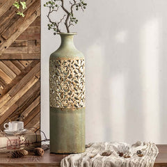 French Country Iron Vase with Hollow Scroll Design