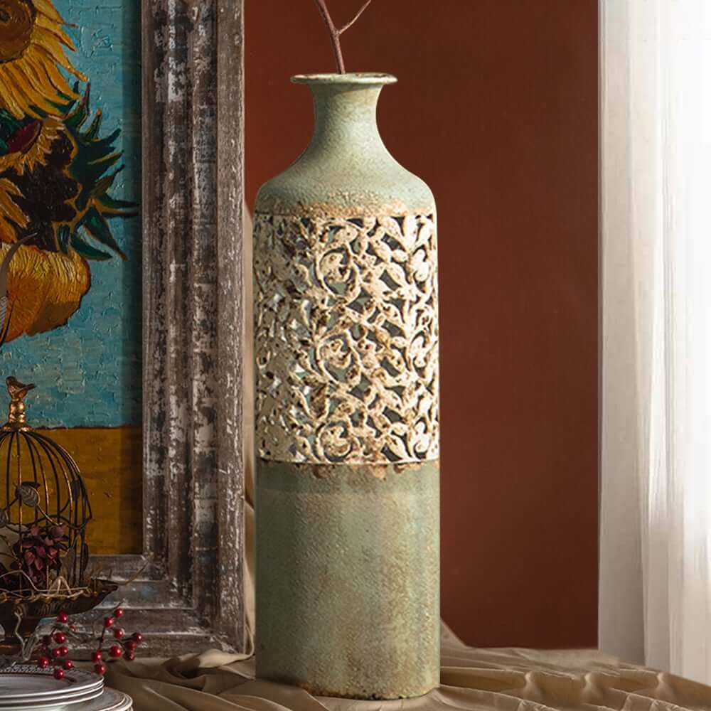 French Country Iron Vase with Hollow Scroll Design