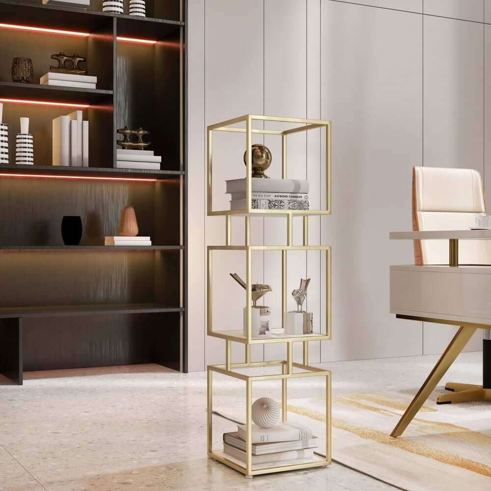 Geometric Metal Etagere Bookshelf - Modern Gold & Black Design