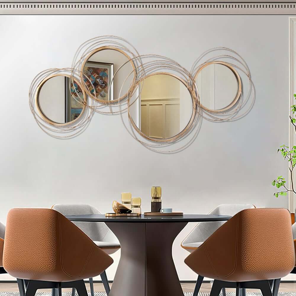Geometric Wall Mirror with Gold Metal Frame and 3D Ring Design