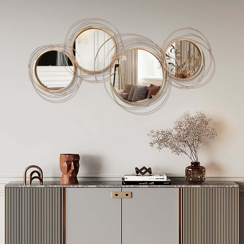 Geometric Wall Mirror with Gold Metal Frame and 3D Ring Design