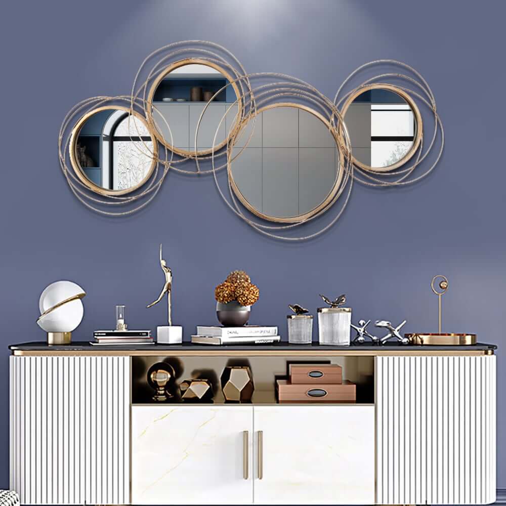 Geometric Wall Mirror with Gold Metal Frame and 3D Ring Design