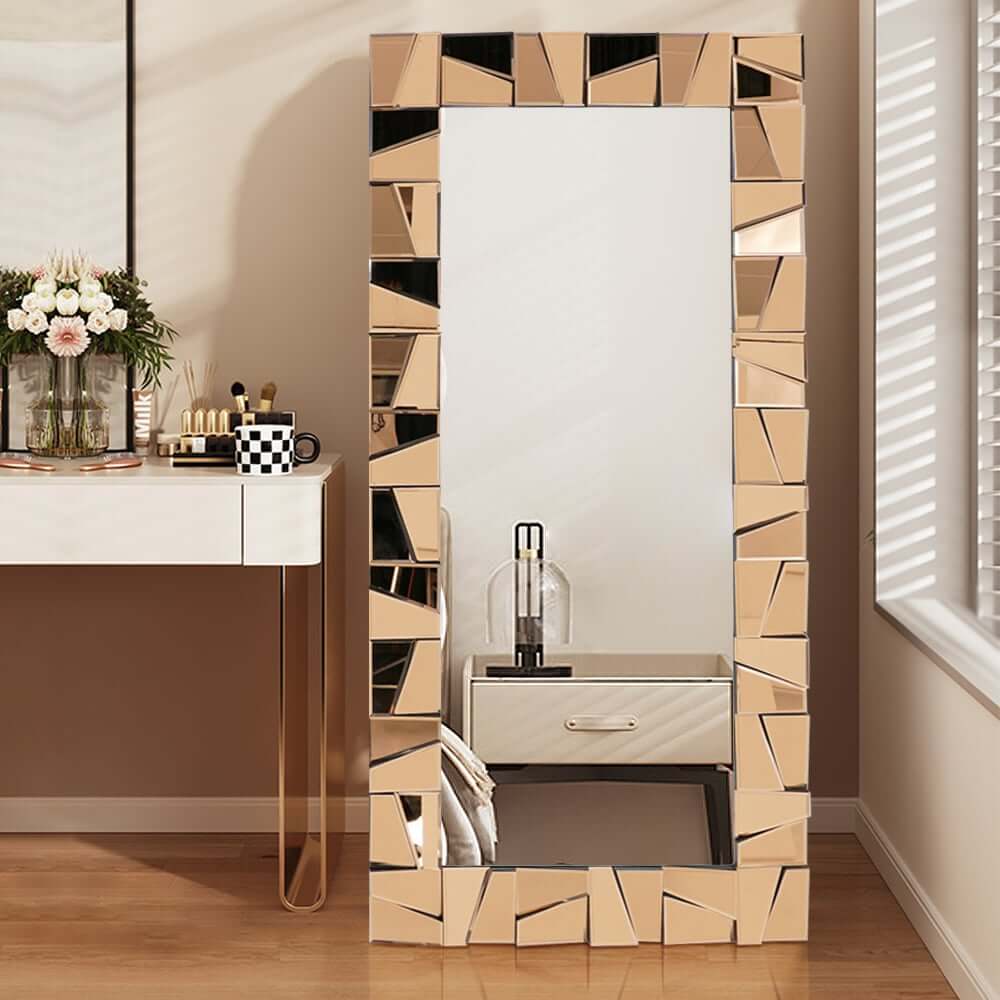 Glam Rectangle Floor Mirror with Glass Frame and Gold Finish