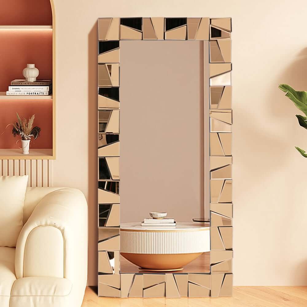 Glam Rectangle Floor Mirror with Glass Frame and Gold Finish